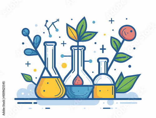 Three glass beakers with plants in them are shown in a drawing. The beakers are arranged in a row, with the middle one being the tallest. The plants in the beakers are green and appear to be growing