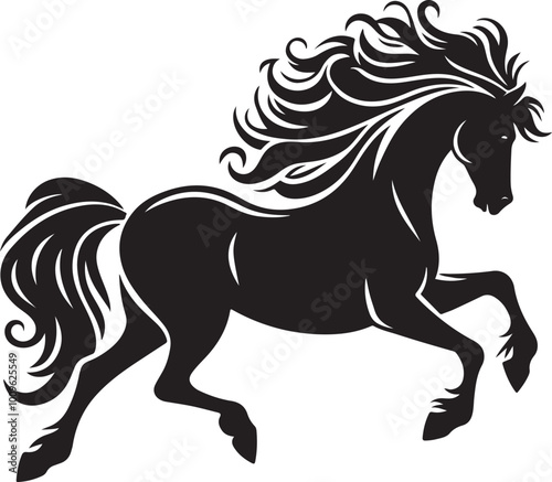 A black and white drawing of a horse with a black tail