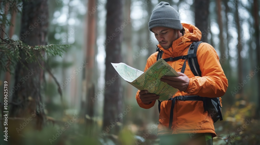 Fototapeta premium Hiker reading map in forest, wearing orange jacket