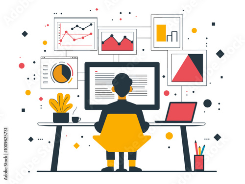 A man is sitting at a desk with a computer monitor and a laptop. The desk is cluttered with various items, including a potted plant, a cup, and a keyboard. Concept of productivity and focus