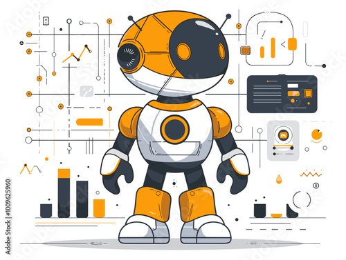 A robot stands in front of a computer monitor with a lot of numbers and graphs. The robot is orange and white, and it looks like it's ready to take on the world. Concept of technology and innovation