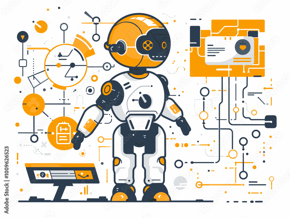 A robot is standing in front of a computer monitor with a lot of wires and buttons. The robot is wearing a white suit and has a yellow face. Concept of technology and innovation A robot is standing in front of a computer monitor with a lot of wires and buttons. The robot is wearing a white suit and has a yellow face. Concept of technology and innovation