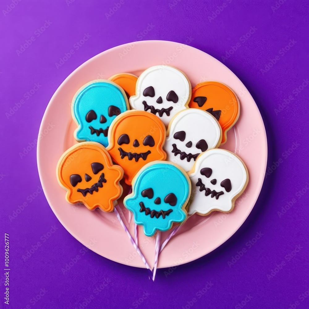 A festive Halloween cookie platter featuring skulls, pumpkins, and balloon designs, with bright orange and purple accents, perfect for a spooky and fun holiday treat A festive Halloween cookie platter featuring skulls, pumpkins, and balloon designs, with bright orange and purple accents, perfect for a spooky and fun holiday treat