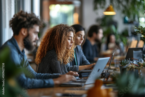 Focused Collaboration: A diverse group of coworkers work diligently on their laptops at a modern, open office workspace, demonstrating the power of teamwork and shared focus.