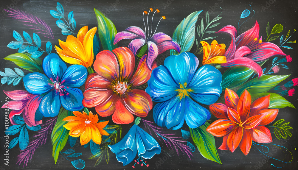 Colorful flowers bouquet on vibrant chalk art Colorful flowers bouquet on vibrant chalk art