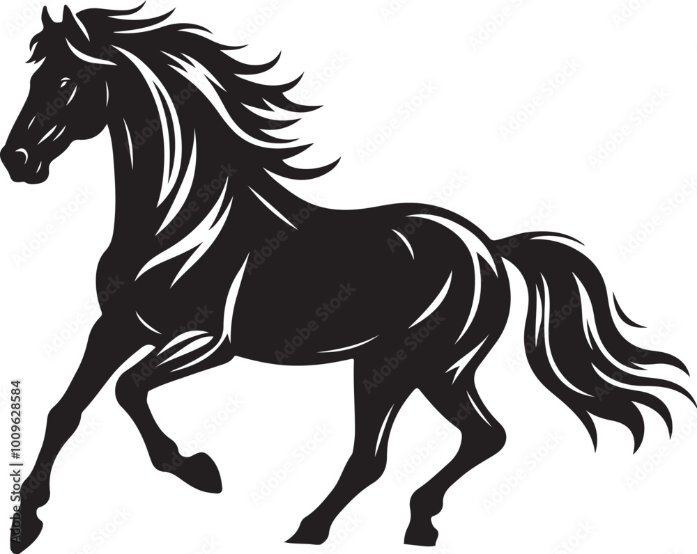 Obraz premium A black and white drawing of a horse with a black tail