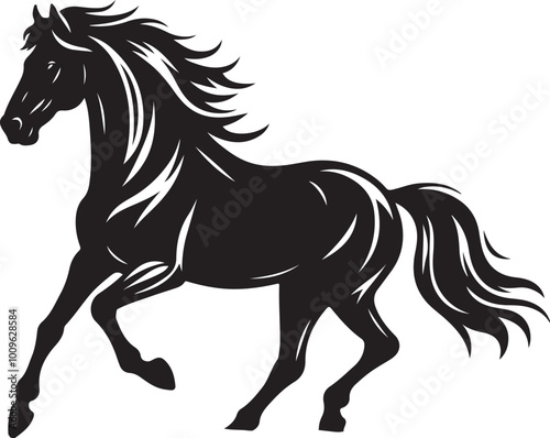 A black and white drawing of a horse with a black tail