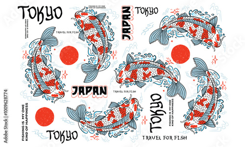 Fish pattern print for t-shirt graphic and other uses. Underwater animal. Fish line drawing. Japan art. Tokyo, Japan koi fish hand drawing vector illustration.