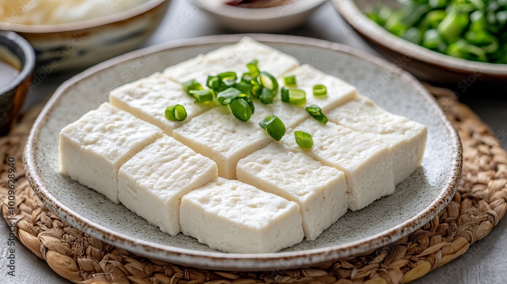 Soft and tender tofu slices, made from fresh soybeans, arranged on a white plate, ready to be savored. Soft and tender tofu slices, made from fresh soybeans, arranged on a white plate, ready to be savored.