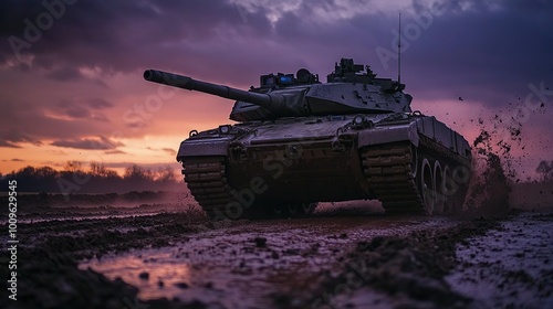 Tank maneuvering through muddy terrain at sunset.