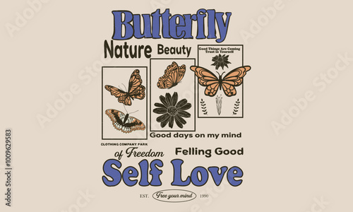 Self love club design. Good days  on my mind. Fly your inner butterfly. Butterfly t shirt back print design. Beauty nature artwork. Butterfly with flower print design for t shirt.