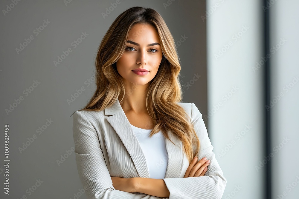 A woman in a business suit with her arms crossed A woman in a business suit with her arms crossed