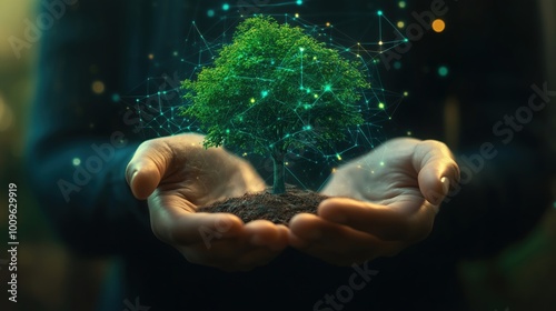 Digital tree growth concept with hands holding soil