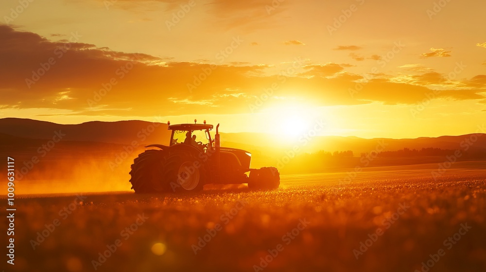 Tractor working on the farm, cultivating crops under the golden hues of sunset. This modern agricultural machine symbolizes the evolution of farming Tractor working on the farm, cultivating crops under the golden hues of sunset. This modern agricultural machine symbolizes the evolution of farming