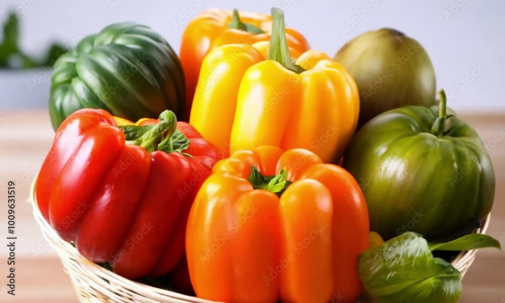 Arrangement of Red, Yellow, and Orange Bell Peppers in a White Basket Depicting Healthy Eating and Cooking Arrangement of Red, Yellow, and Orange Bell Peppers in a White Basket Depicting Healthy Eating and Cooking
