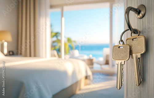 Open door with keys to light apartment or hotel room overlooking the sea. Panoramic window, luxury vacation rental or buying overseas property on sea coast