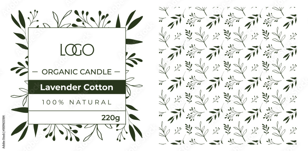 Rótulo, vela, estampa, folhas, natureza, minimalista, layout, ilustração, vetor, marca, adesivo, tag, grafismo, moldura, ornamento, padrão, textura