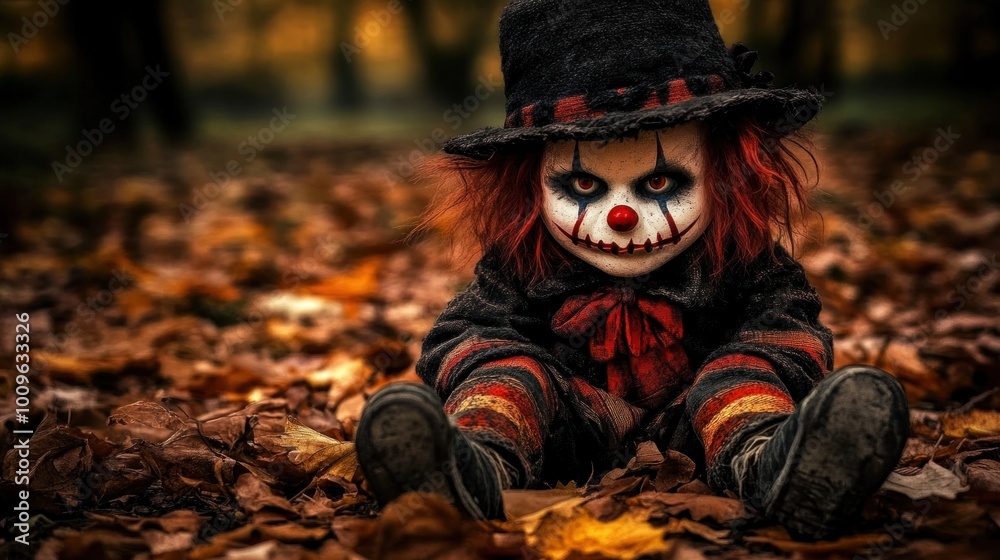 A clown doll with vivid makeup and a menacing grin sits alone on a bed of fallen leaves in a dimly lit forest, evoking a sense of unease during twilight A clown doll with vivid makeup and a menacing grin sits alone on a bed of fallen leaves in a dimly lit forest, evoking a sense of unease during twilight