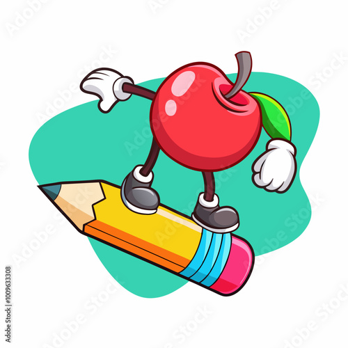 Apple cartoon riding on a giant pencil illustration on a isolated white background (6)