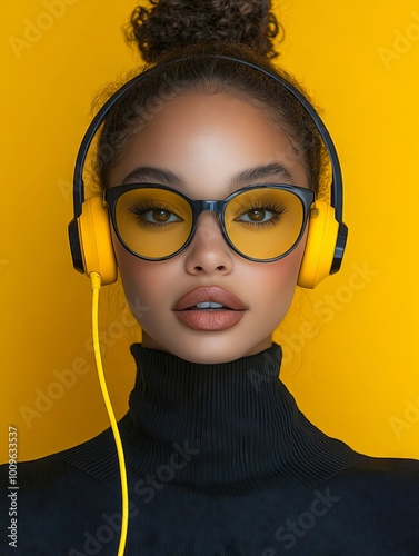 A woman wearing a black turtle neck sweater and yellow headphones photo