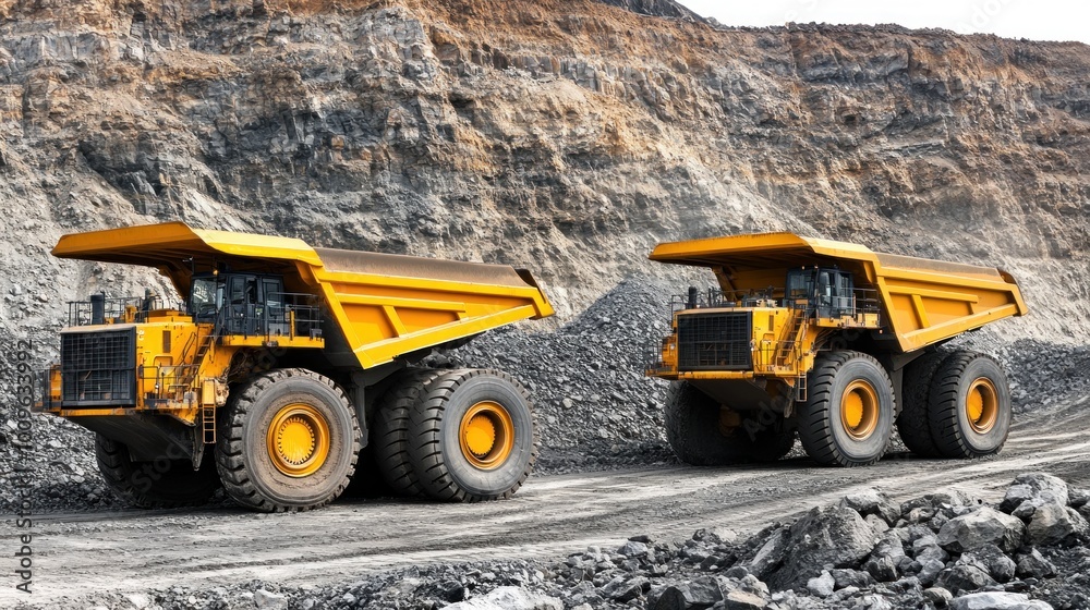 Two heavy-duty yellow dump trucks are parked side by side on a coal mining site Two heavy-duty yellow dump trucks are parked side by side on a coal mining site
