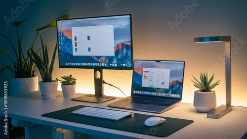 A simple and modern desk setup for remote work, equipped with a slim laptop, wireless peripherals, and a second monitor for seamless multitasking.