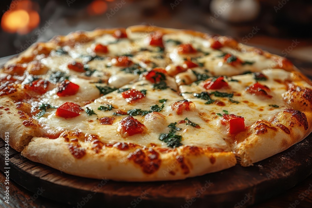 cheese pizza with melted mozzarella and vibrant toppings on a rustic wooden table warm inviting atmosphere with a golden crust and steam rising deliciously inviting cheese pizza with melted mozzarella and vibrant toppings on a rustic wooden table warm inviting atmosphere with a golden crust and steam rising deliciously inviting