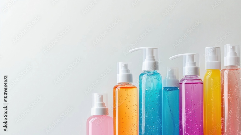 Colorful spray bottles arranged in a row Colorful spray bottles arranged in a row