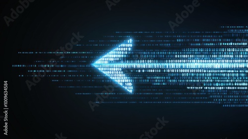 A striking digital arrow made of glowing binary code points to the left, representing the themes of data transfer, technology, and digital communication in a contemporary style