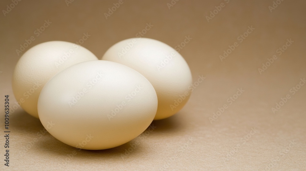 A trio of pale eggs is positioned on a smooth brown surface, highlighting their rounded forms and soft textures. The gentle lighting enhances the simplicity and elegance of the scene A trio of pale eggs is positioned on a smooth brown surface, highlighting their rounded forms and soft textures. The gentle lighting enhances the simplicity and elegance of the scene