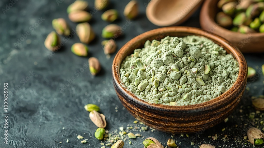 Wooden bowl filled with green powder, two wooden spoons filled with nuts and pistachios Wooden bowl filled with green powder, two wooden spoons filled with nuts and pistachios