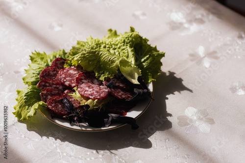 Sliced smoked sausage and leaves of greens on a plate on the table with a tablecloth