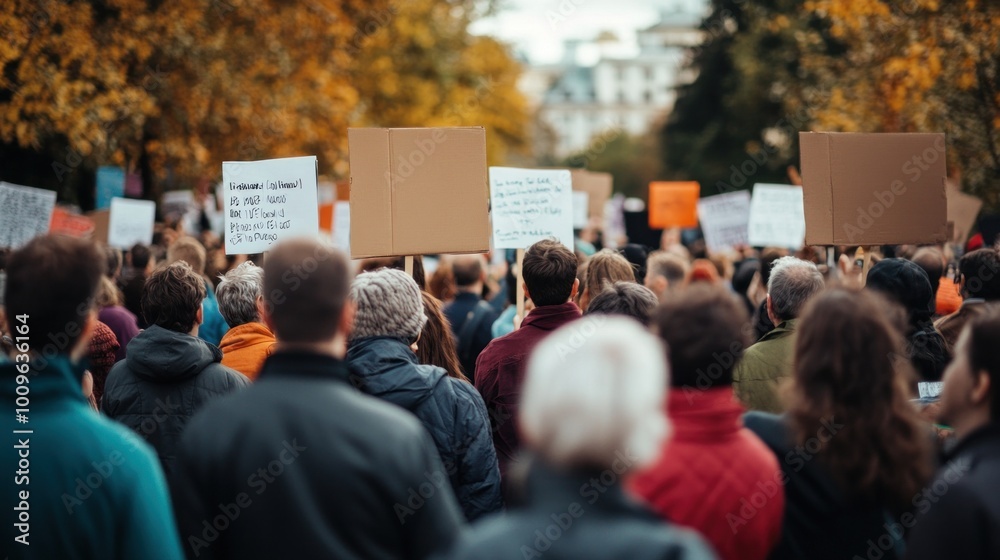 Obraz premium A large group of protesters gathers in a city park, holding various signs that convey their messages while surrounded by vibrant autumn foliage under clear blue skies