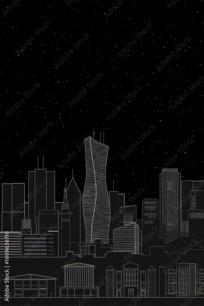 City skyline at night with stars and modern skyscrapers City skyline at night with stars and modern skyscrapers