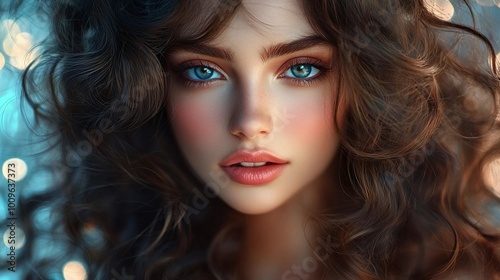 beautifully styled brunette with traditional makeup and curled hair creating a stunning classic portrait of feminine beauty