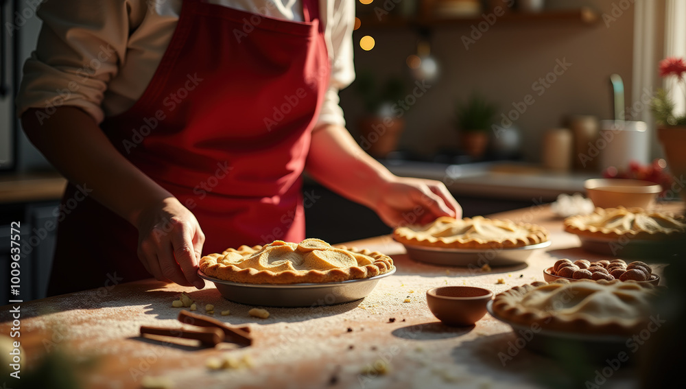 Baker Preparing Homemade Pies in a Cozy Kitchen During Afternoon Light Baker Preparing Homemade Pies in a Cozy Kitchen During Afternoon Light