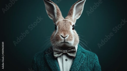 This fashionable rabbit is sharply dressed in a blue suit and checkered bowtie, showcasing a blend of elegance and charisma on a dark green backdrop. photo