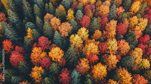 Vibrant autumn forest colors, diverse foliage, aerial view