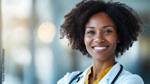 A joyful female doctor with curly hair smiles confidently in a modern hospital setting, embodying professionalism, warmth, and dedication, dressed in a stethoscope. photo