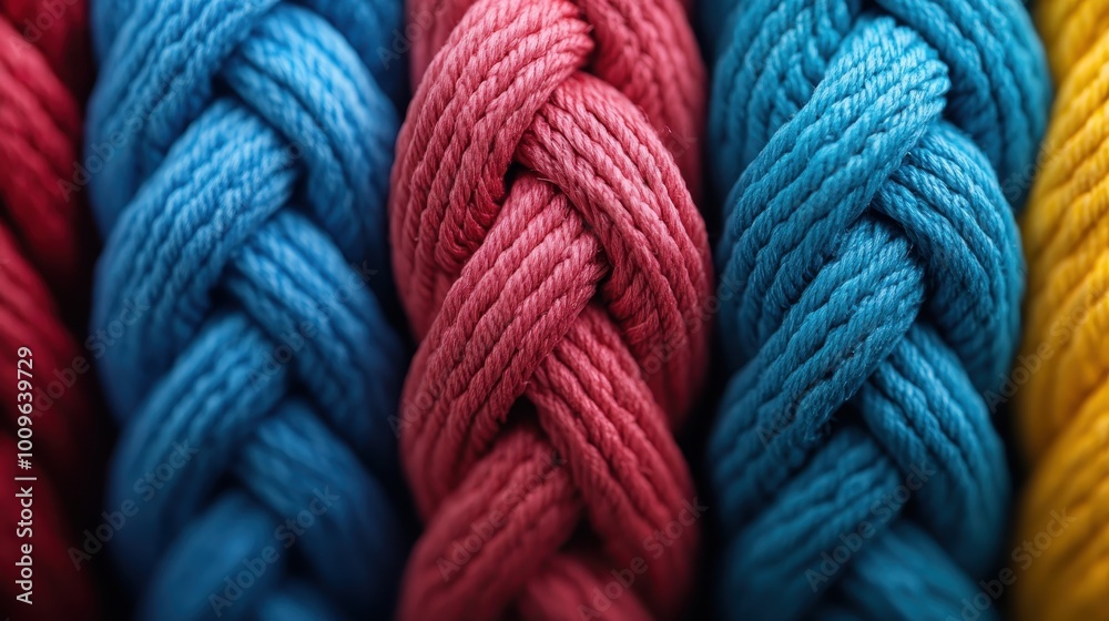 Five distinct, woven strands showcase a palette of vivid color combinations in blue, red, and yellow, highlighting intricate textile artistry and blend harmony. Five distinct, woven strands showcase a palette of vivid color combinations in blue, red, and yellow, highlighting intricate textile artistry and blend harmony.