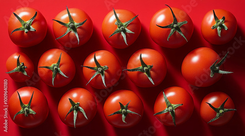 Red tomatoes on a red background top view