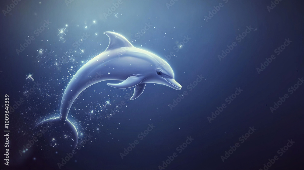 Fototapeta premium A dolphin swims in an ocean abyss lit by celestial stars against a deep blue canvas