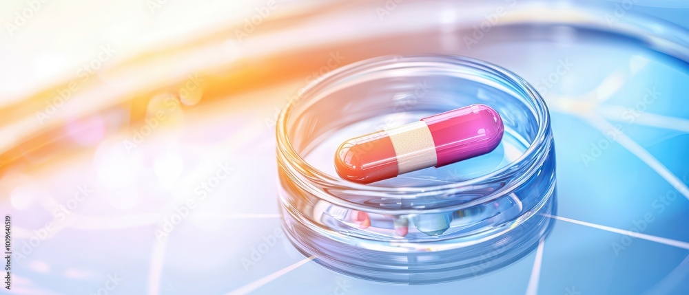 Close-up of a colorful capsule resting in a glass container on a modern surface, symbolizing medication and healthcare. Close-up of a colorful capsule resting in a glass container on a modern surface, symbolizing medication and healthcare.