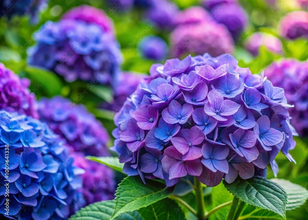 Beautiful Purple and Blue Hydrangea Blooms in a Garden Setting with Soft Focus Background Beauty Beautiful Purple and Blue Hydrangea Blooms in a Garden Setting with Soft Focus Background Beauty