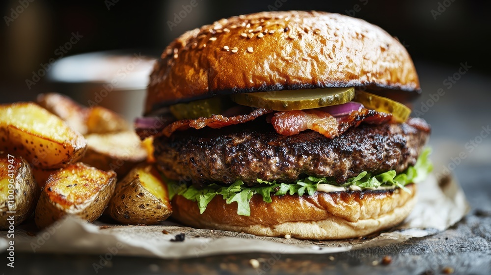 A juicy cheeseburger topped with crispy bacon, lettuce, cheddar, and pickles served alongside roasted potato wedges on a rustic wooden surface. A juicy cheeseburger topped with crispy bacon, lettuce, cheddar, and pickles served alongside roasted potato wedges on a rustic wooden surface.