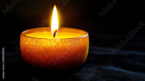 Glowing candle in an amber holder with a flickering flame