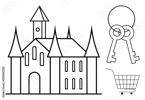 A large castle with multiple spires stands next to an image of two large keys and a shopping cart. Ideal for real estate, shopping, architecture, security, and travel themes. Simple lines. Black