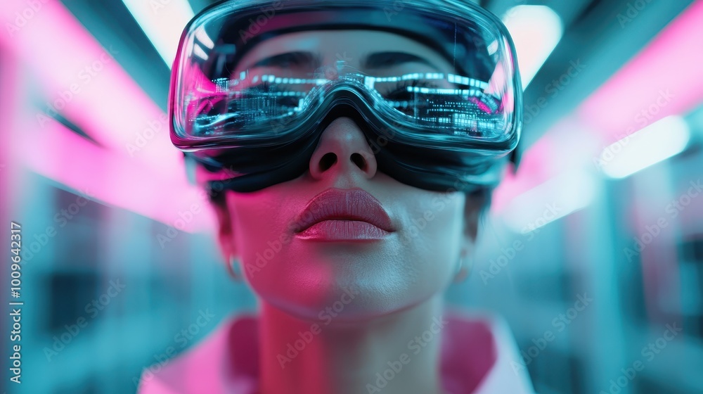 A futuristic scene featuring a woman wearing a VR headset surrounded by vibrant pink neon lights, suggesting a high-tech, immersive virtual reality experience. A futuristic scene featuring a woman wearing a VR headset surrounded by vibrant pink neon lights, suggesting a high-tech, immersive virtual reality experience.