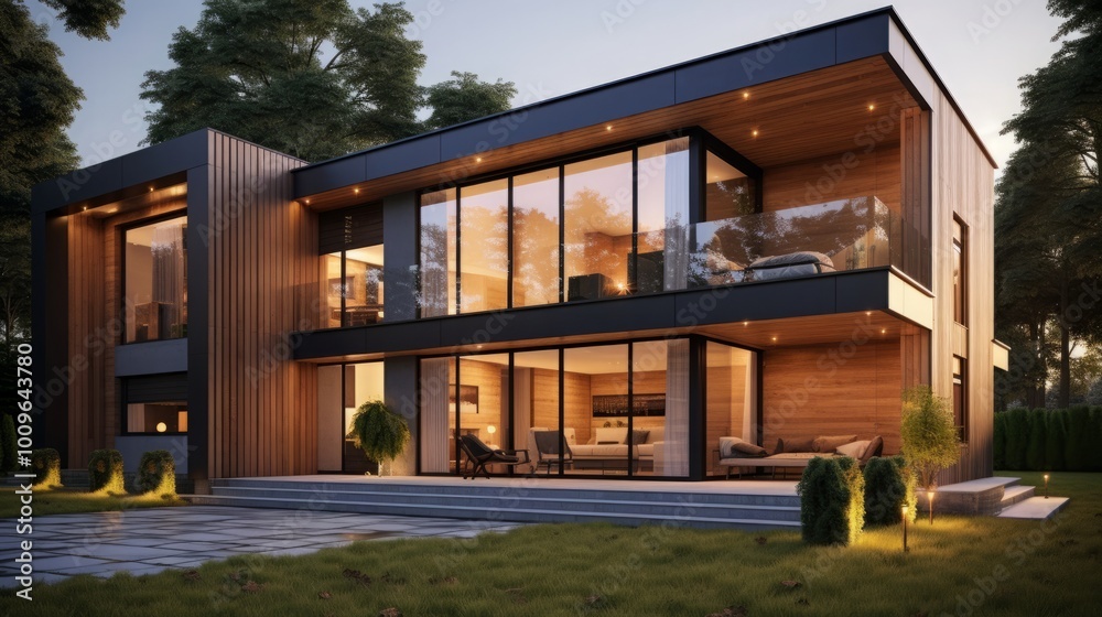 3d rendering of modern two story house with gray and wood accents, large windows, parking space in the right side of the building. Clear summer evening with cozy light from window 3d rendering of modern two story house with gray and wood accents, large windows, parking space in the right side of the building. Clear summer evening with cozy light from window
