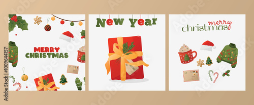 Card set for Merry Christmas and New Year.  Cozy winter, home comfort, holidays concept. Sweater, ginger pranic, mittens, candy, etc. Isolated illustration for card, postcard, cover. EPS 10